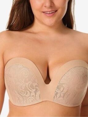 DELIMIRA Strapless Bra Plunge Push Up Lace Slightly Lined Support 36C